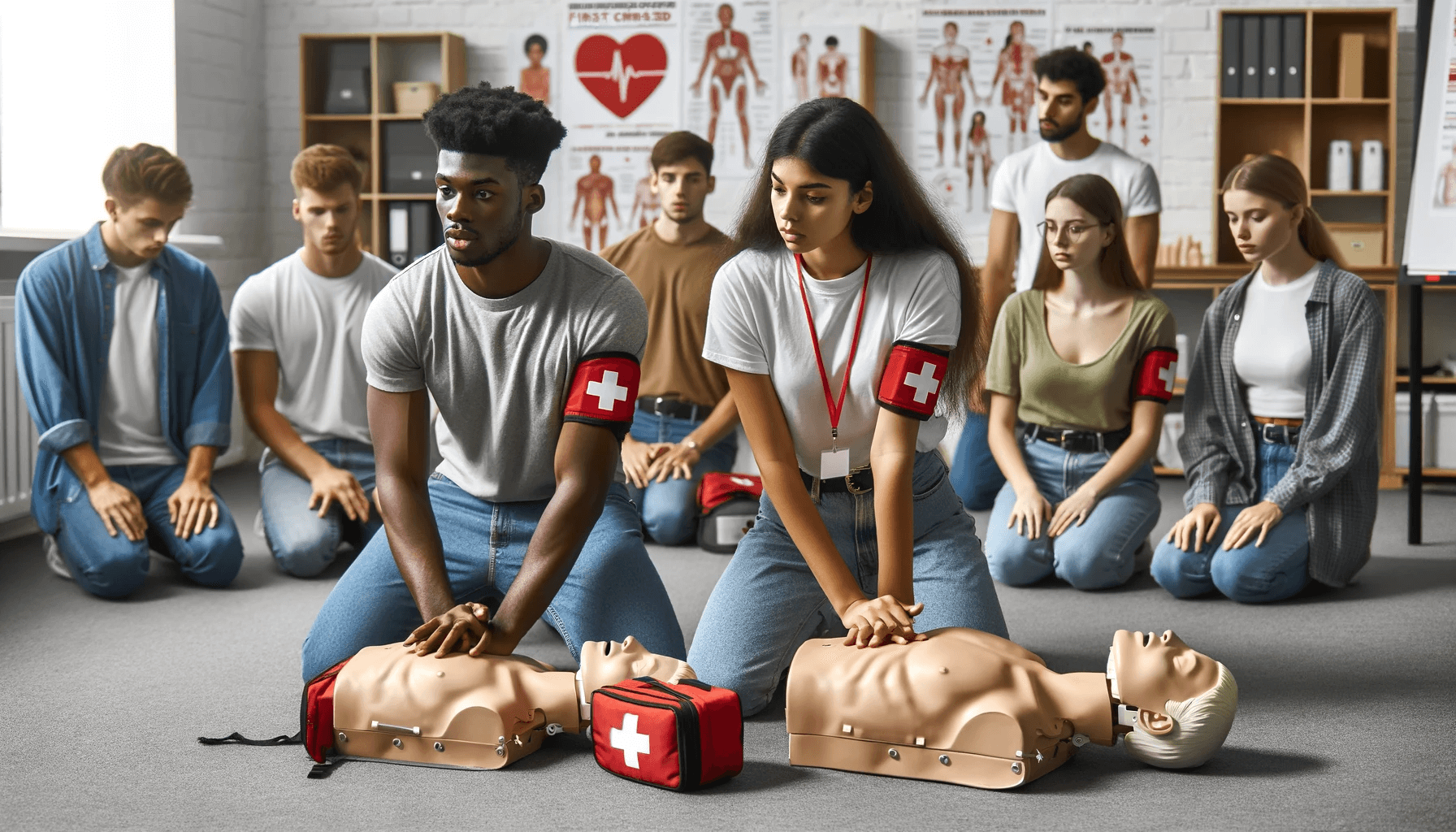 DALL·E 2023-11-08 16.37.50 - First aid workshop conducted by medical students demonstrating CPR techniques in an educational setting. The image features a diverse group, a Black m