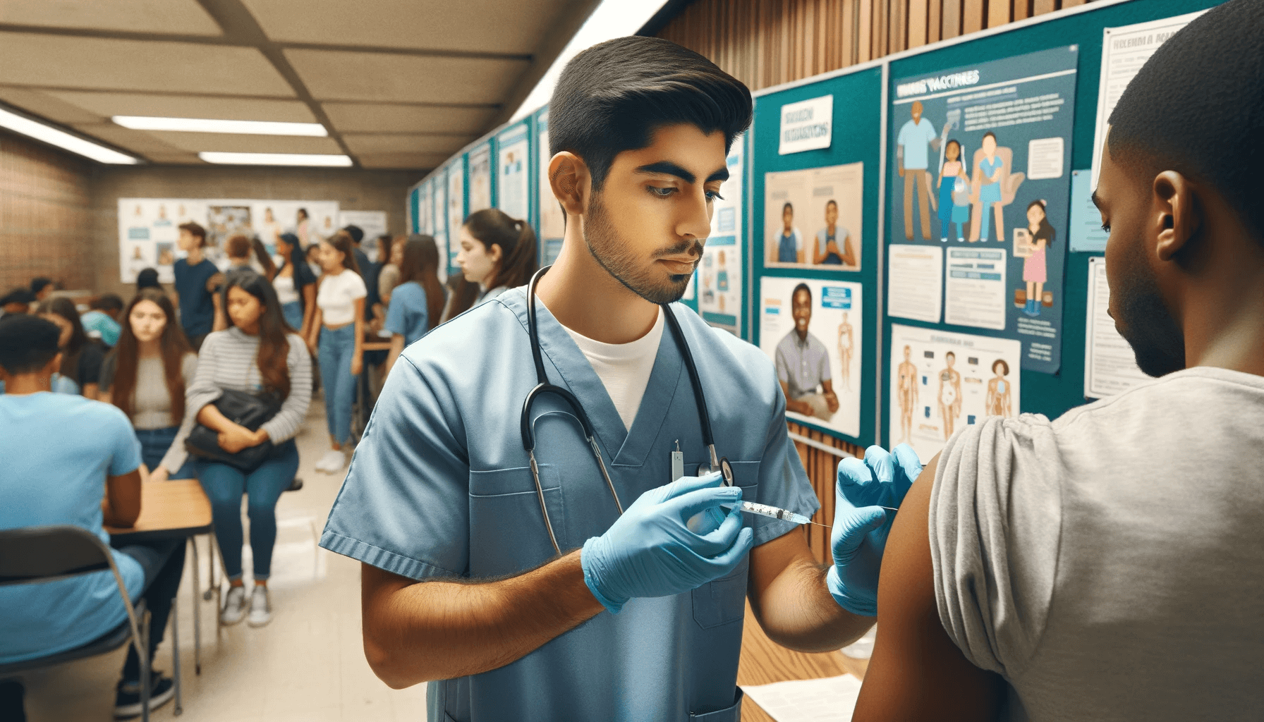 DALL·E 2023-11-08 16.38.17 - Medical students administering vaccines during a university vaccination campaign, with educational posters in the background. The image features a His